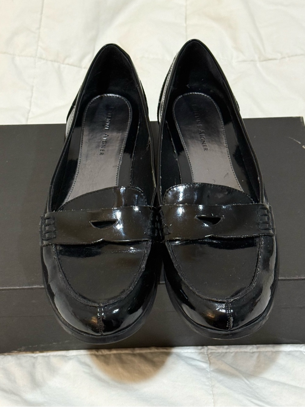 Etienne Aigner Black Patent Penny Loafers